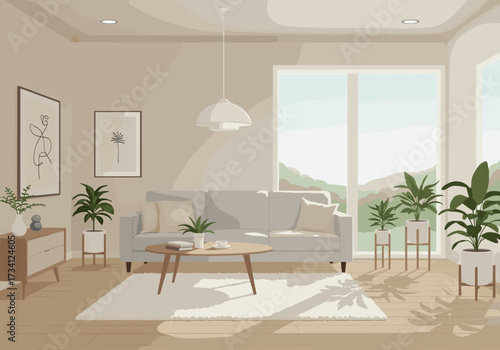 Bright and modern living room interior design with plants cozy atmosphere natural light scenic views