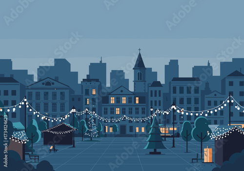Festive night market celebration urban city digital holiday season panoramic view community spirit