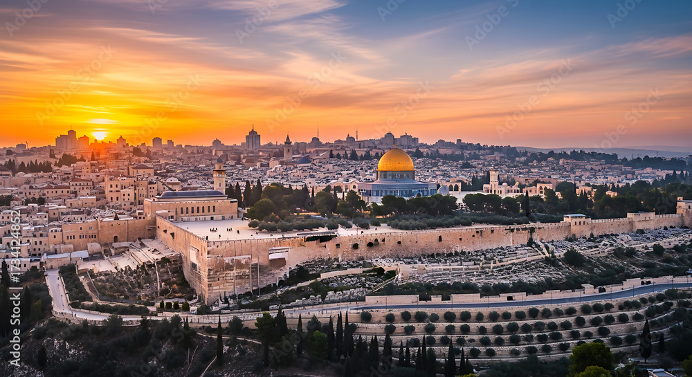 Fototapeta premium Golden dome of the rock illuminated by a vibrant sunset over jerusalem