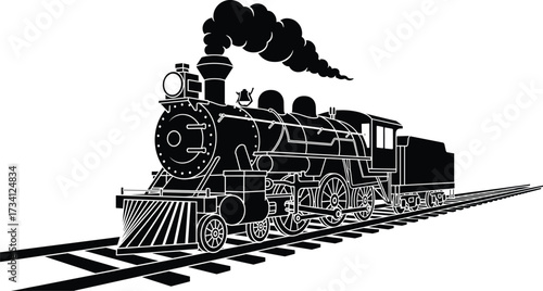 Vintage steam locomotive vector illustration of classic train engine on railroad tracks with smoke, wheels, cowcatcher, and industrial heritage style