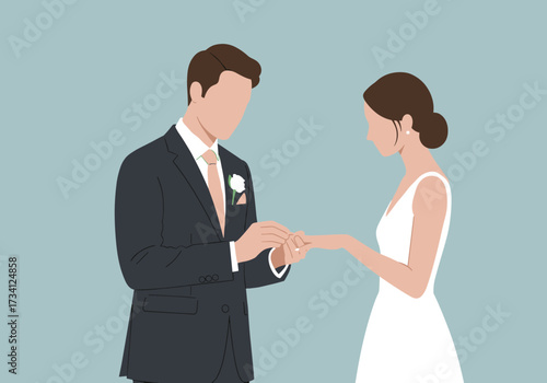 Wedding ceremony exchange of rings romantic setting digital minimalist style elegant presentation