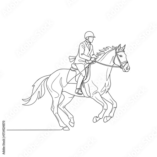 Portrait of mounted equestrian athlete mid-jump in outdoor competition arena, dynamic action sports photography