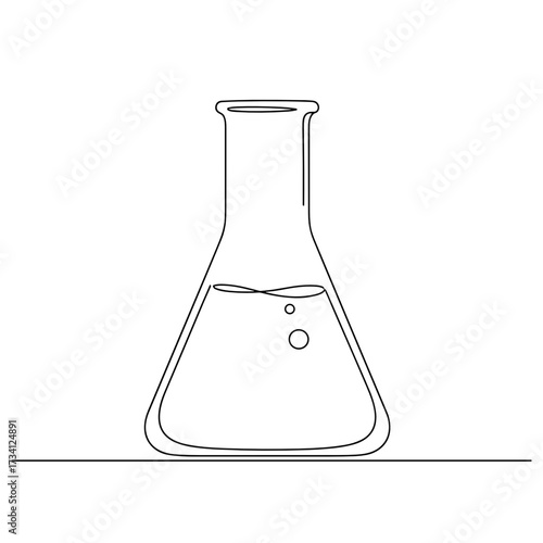 Close-up of a laboratory Erlenmeyer flask designed in minimalist black ink on a transparent background, scientific experiment scene on a white table