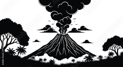 Volcano eruption silhouette vector with smoke, lava, birds, and tropical trees, black and white nature scene of geological power