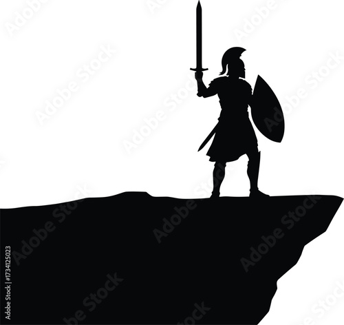 Warrior silhouette with sword and shield on cliff edge, heroic pose in armor for battle, bravery and ancient combat vector themes
