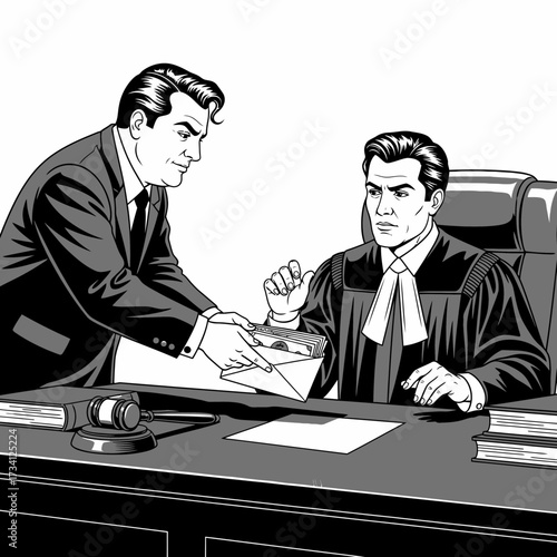 Illustration of judicial corruption as a man in a suit discreetly passes an envelope of bribe money to a judge at his desk