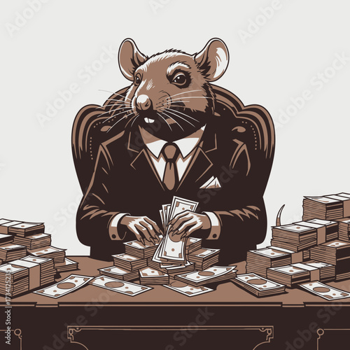 A whiskered rat tycoon in a business suit counts stacks of cash at his desk, a satirical illustration of corporate greed, wealth, and ambition