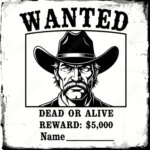 Monochrome vector illustration of a rugged outlaw with a thick mustache on a distressed American frontier bounty poster template