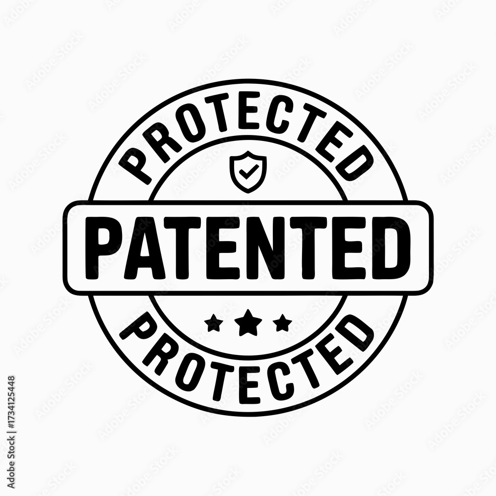 Fototapeta premium Black and White Patented Protected Round Stamp Vector Icon - Intellectual Property Rights Secure Seal Design