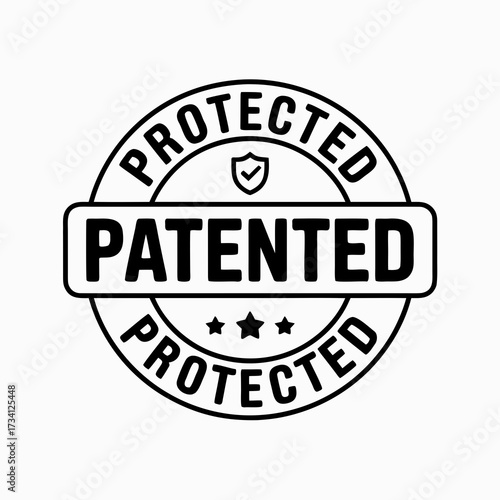 Black and White Patented Protected Round Stamp Vector Icon - Intellectual Property Rights Secure Seal Design