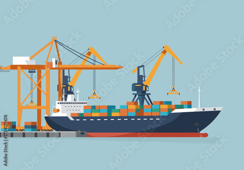 Cargo loading operation on container ship at industrial environment aerial view maritime logistics