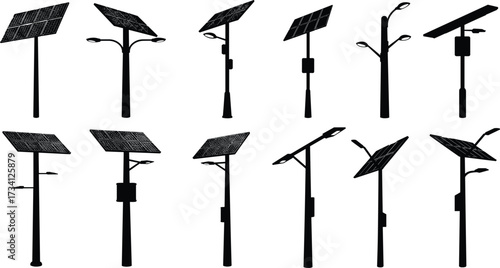 Solar street light silhouette, renewable energy lamp post, sustainable city lighting, solar panel pole, eco friendly infrastructure, modern urban illumination, technology