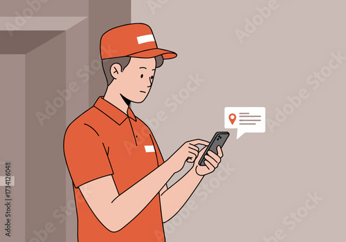 Delivery person using mobile device to navigate orders urban setting digital focus on efficiency