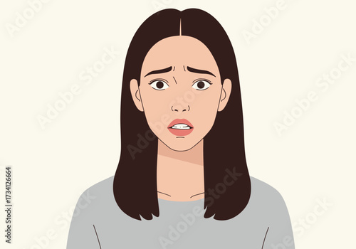 Fearful reaction of a young woman digital emotional expression simple background anxiety concept