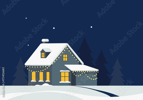 Cozy winter night snowy house decorated with lights peaceful landscape digital warm atmosphere