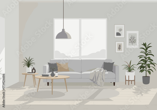 Stylish modern living room interior design bright space digital cozy environment wide angle view minimalist concept