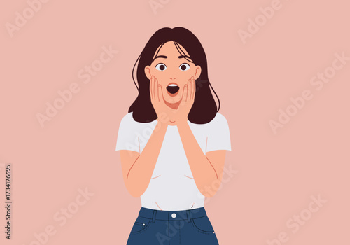 Shocked woman expressing surprise digital soft color background indoor setting perspective