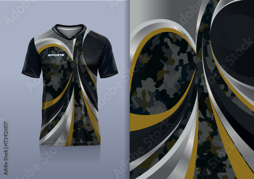 Sport jersey design template mockup curve line for football soccer, racing, running, e sports, black gold white color