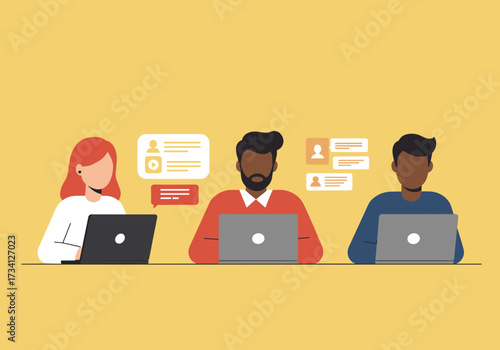 Collaborative remote work session digital workplace professional environment eye-level view teamwork concept
