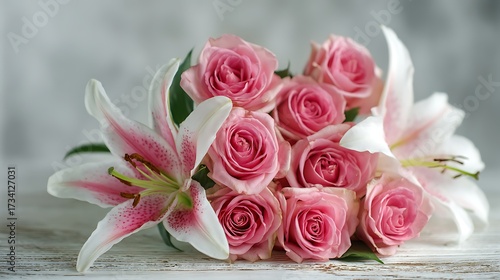 A bouquet of pink roses and one white lily arranged beautifully on a flat surface, creating a perfect floral combination.