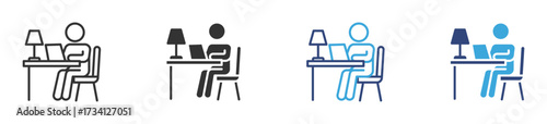 working on desk icon,  man working on a laptop in an office setting icon , vector illustration . 