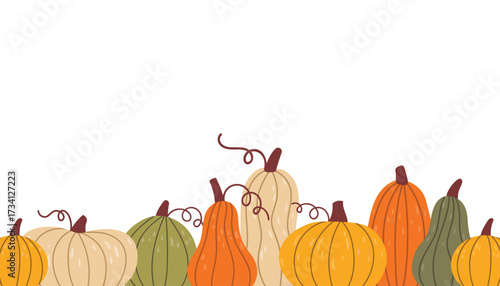 Cute autumn pumpkin border frame on white background in flat cartoon style. Seasonal fall harvest card design for greeting, invitation, Thanksgiving decor, holiday stationery and creative projects.
