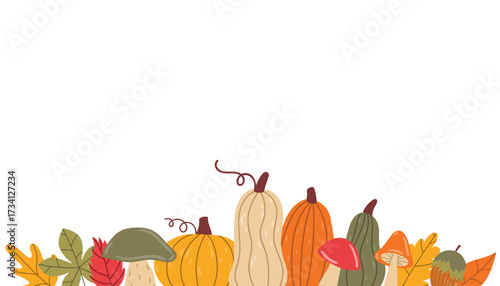 Cute autumn border with pumpkins, leaves, mushrooms and nut on white background in flat cartoon style. Seasonal harvest card frame for greeting, invitation, Thanksgiving, holiday and festive projects.