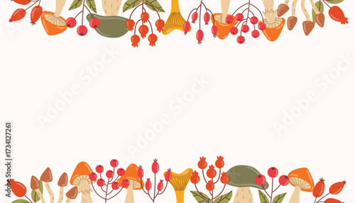 Cute autumn card with decorative borders of mushrooms and red berries in flat cartoon style. Seasonal poster template for harvest, thanksgiving, greeting, and cozy fall celebration design.