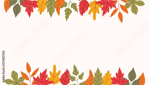 Cute autumn border with colorful leaves in flat cartoon style. Seasonal card or frame template for greeting, invitation, holiday, harvest and fall decoration in cozy warm tones.