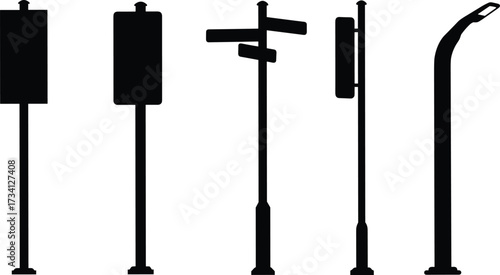 Street signs silhouette, directional arrows, traffic pole, urban signage, road navigation, city infrastructure, streetlight lamp, public safety, transportation guide, wayfinding