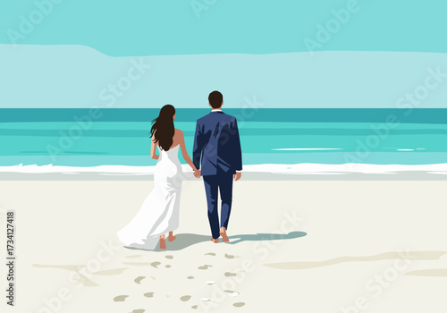 Romantic beach wedding ceremony coastal location digital serene environment rear view love concept
