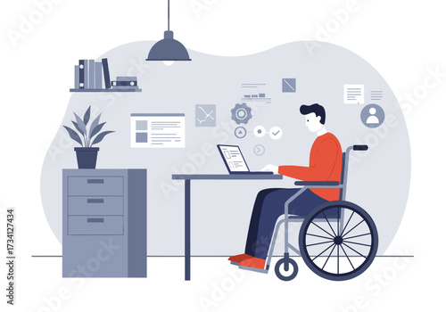 Empowering individuals with disabilities remote work setup home office graphic design modern environment side view accessibility concept