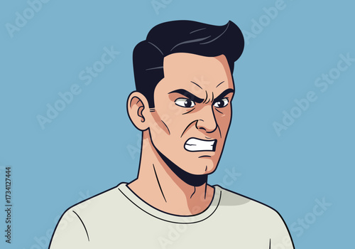 Frustrated young man expressing anger digital style light blue background emotional