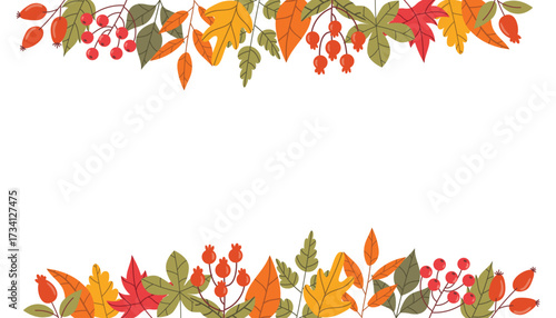 Autumn poster with top and bottom borders of colorful leaves and red berries in flat cartoon style. Ideal for greeting card, harvest design, thanksgiving celebration, and rustic fall decoration.