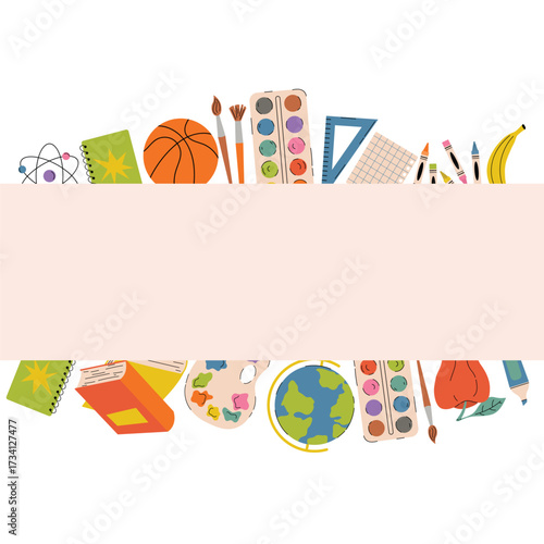 Back to School square poster with top and bottom borders of school and art supplies like books, globe, paints and brushes in flat cartoon style. Ideal card for study, education and learning projects.