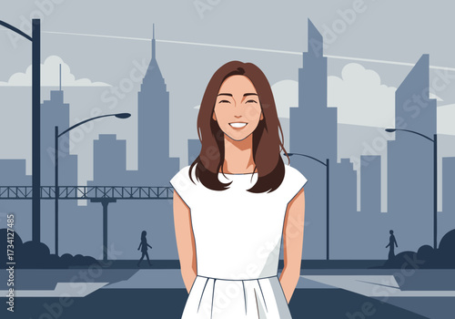 Joyful woman smiling in urban landscape city skyline digital modern environment bright viewpoint lifestyle concept