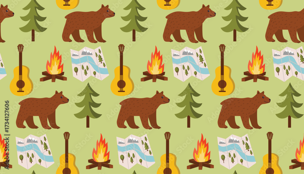 Fototapeta premium Camping theme seamless pattern with brown bear, campfire, road map, spruce tree and guitar on light green background in flat cartoon style. Cute nature design for textile and wrapping.