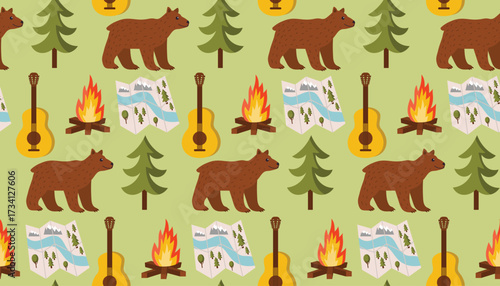 Camping theme seamless pattern with brown bear, campfire, road map, spruce tree and guitar on light green background in flat cartoon style. Cute nature design for textile and wrapping.