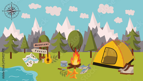 Summer camping horizontal scene with mountain landscape, forest, blue cloudy sky, tent, campfire, fish, map, guitar, hiking boots in flat cartoon style. Ideal for poster, card and outdoor projects.