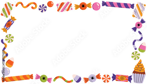 Halloween horizontal frame with candies, cupcake, gummy worms, marshmallow and candy corn in flat cartoon style. Ideal for greeting card, invitation, poster and festive decoration design.