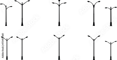 Streetlight silhouette collection, dual arm lamp post designs, urban lighting illustration, modern city pole artwork, outdoor night architecture elements
