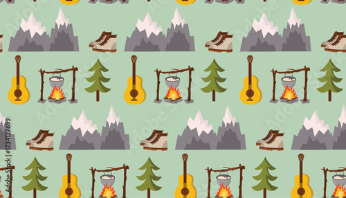 Camping theme seamless pattern with mountains, campfire, hiking boots, spruce tree and guitar on light green background in flat cartoon style. Cute nature design for textile and outdoor projects.