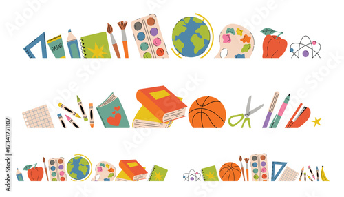 Cute Back to School borders set of school and art supplies like books, globe, paints, brushes, crayons and molecule model in flat cartoon style. Perfect for clubs, sections for kids and education.