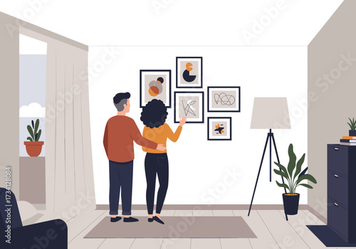 Couple choosing for home gallery living room digital cozy interior side view personalization