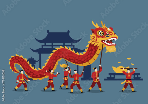 Cultural celebration traditional parade dragon dance china graphic colorful festivity