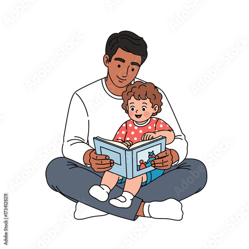 A loving father reads a storybook to his young child, sharing a special family moment