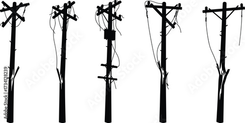 Utility pole silhouette collection, damaged and functional power line posts, electricity infrastructure illustration, telecommunication design, broken wire artwork elements