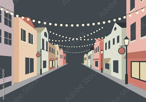 Evening stroll down a charming street with decorative lights urban area digital calm atmosphere eye-level view