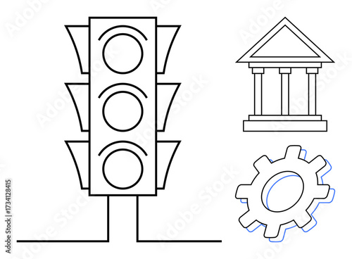 Traffic light, classical pillar building, and gear design. Ideal for governance, regulations, policy-making, technology process, order automation and engineering. Simple flat metaphor