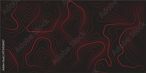 Abstract topographic map contour background with red contour lines on black surface showing detailed geographic terrain path conditional scheme concept modern cartography illustration 